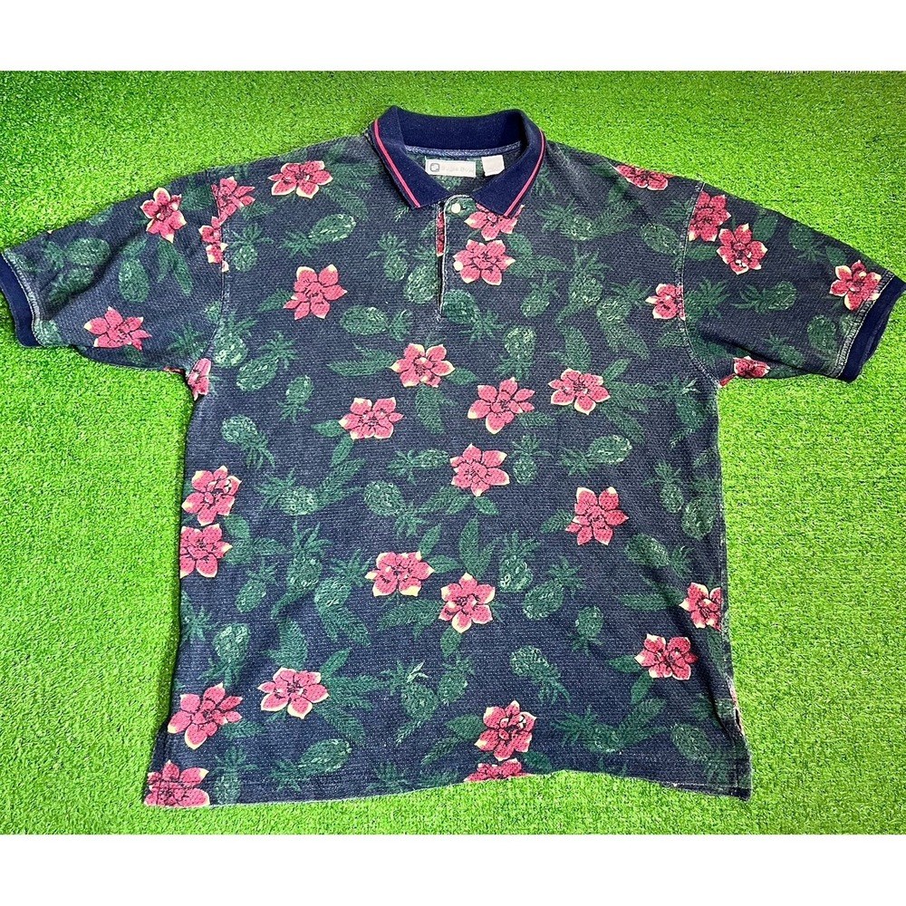 Vintage Bugle Boy Polo Shirt Med. Cropped Pineapple Print Oversize Baggy 80s 90s